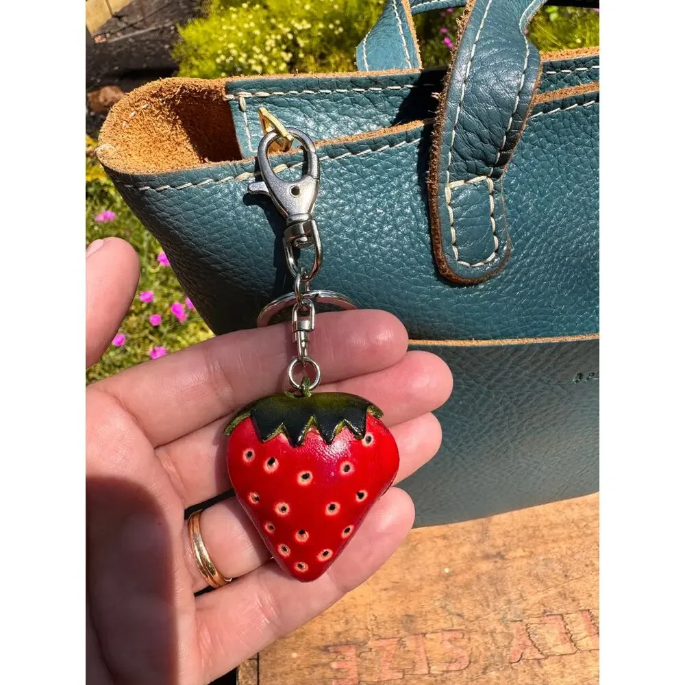 Genuine Leather Strawberry Purse Charm Hand Painted Strawberry Fruit Bag Charm